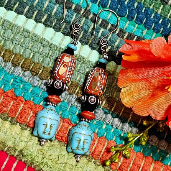 Hand Crafted Jewelry - Artisan Hand Crafted Earrings Buddha Turquoise Russet Silver Black Beads Pierced